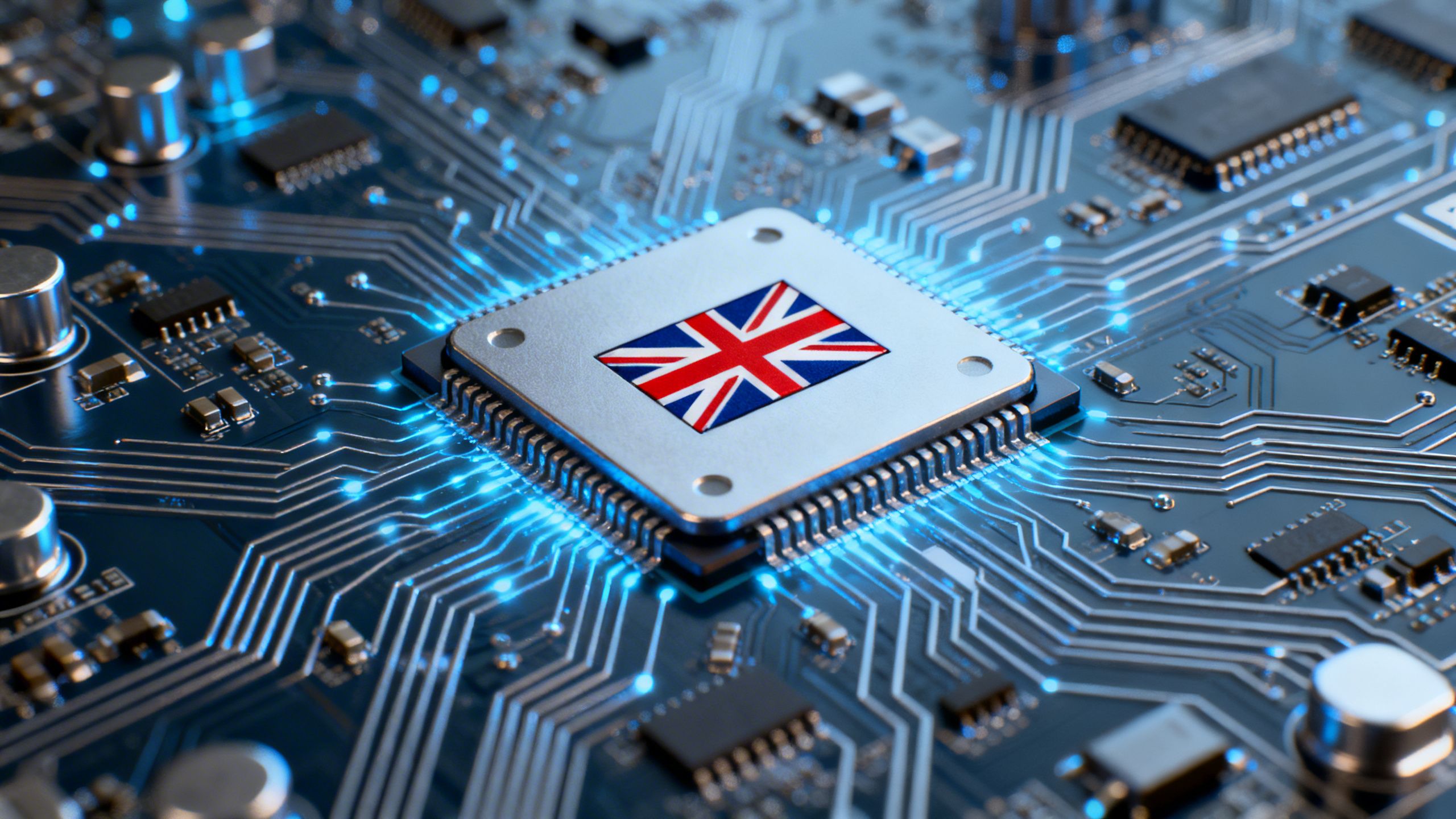 AI circuitry with a Union Jack flag on a chip.