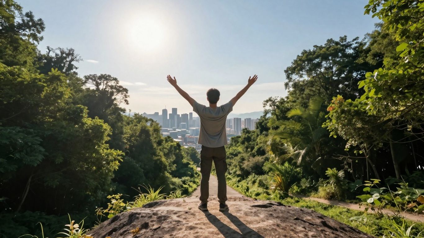 Person reaching for sun on mountain, digital city below.