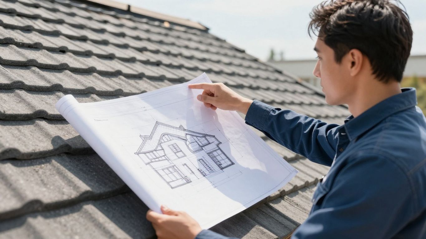 Roofing sales pitch with blueprint and sunlight.