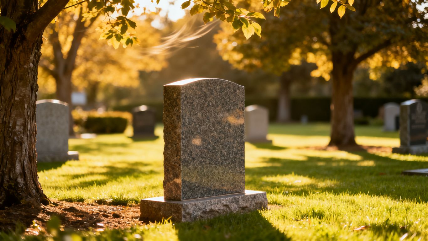 Traditional cemetery with tall carved granite headstones