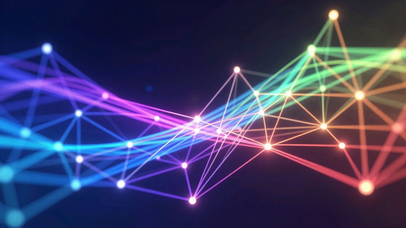 Réseau social abstrait avec des connexions et des nœuds lumineux.