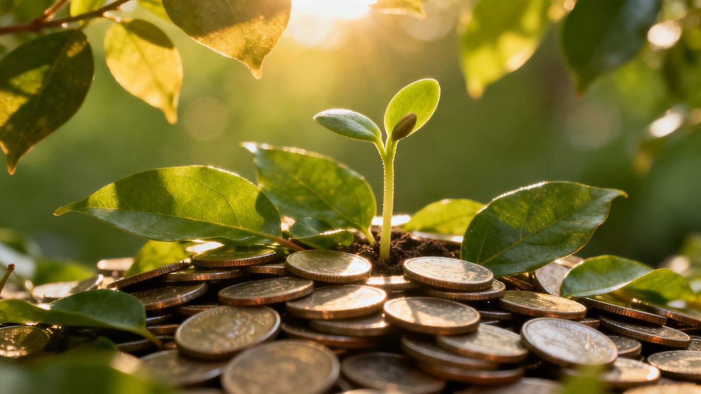 Portfolio growth with green leaves and coins.
