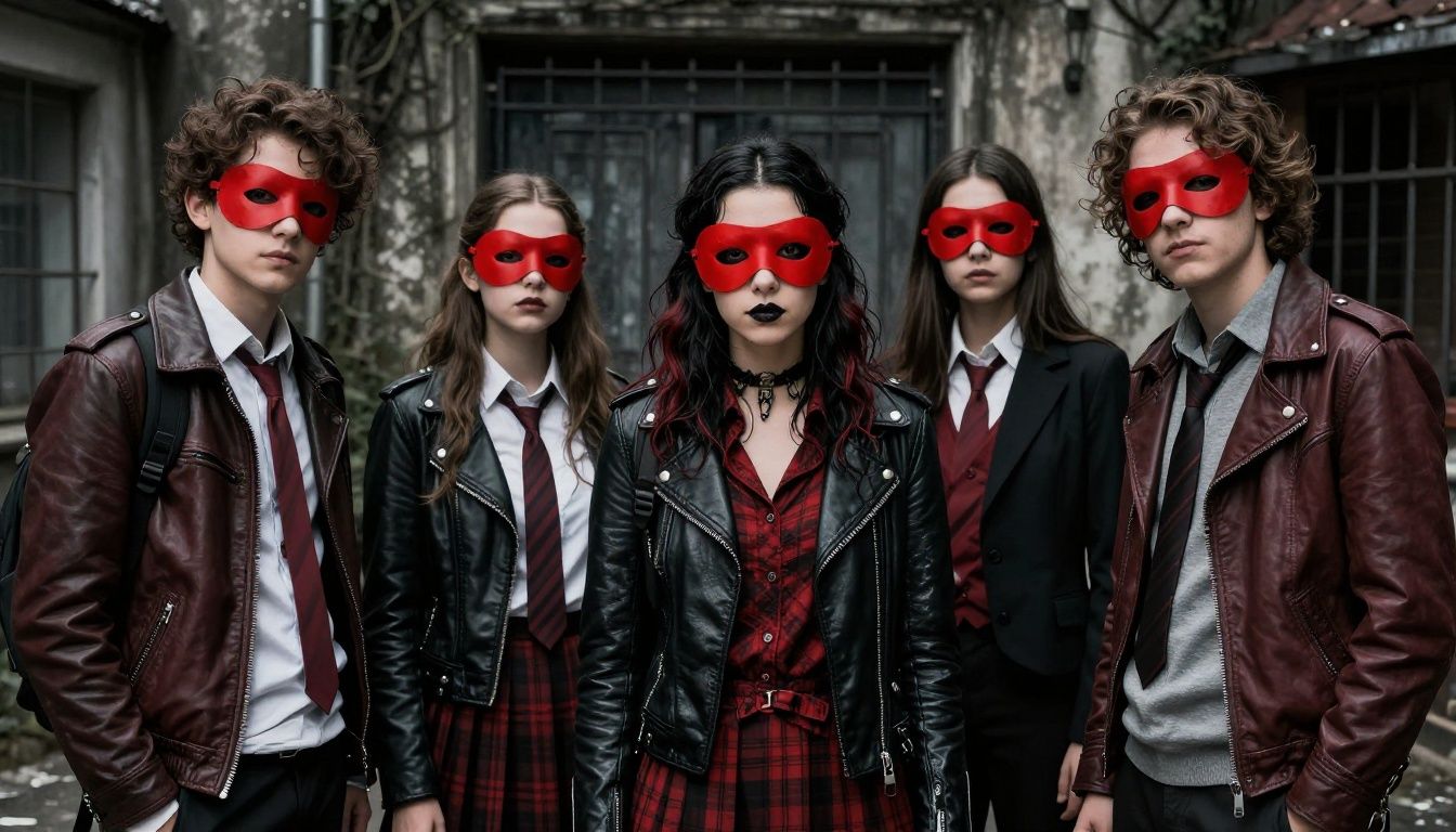 Um grupo de jovens estudantes com máscaras de estilo gótico, posicionados em um cenário urbano estilizado com tons de vermelho vibrante, evocando uma atmosfera de mistério e rebeldia