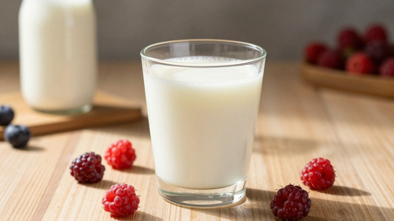 Glass of kefir with berries on a table.