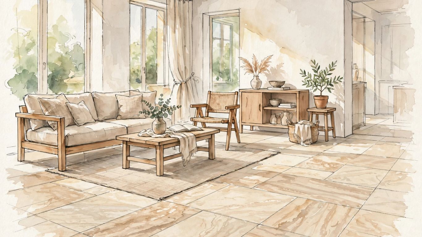Illustrative sketch of warm travertine flooring