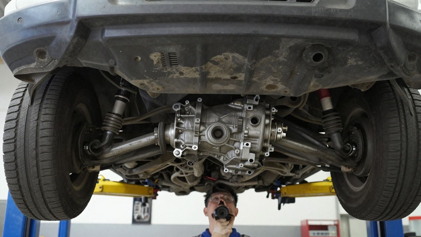 Technician installing truck transmission underneath vehicle