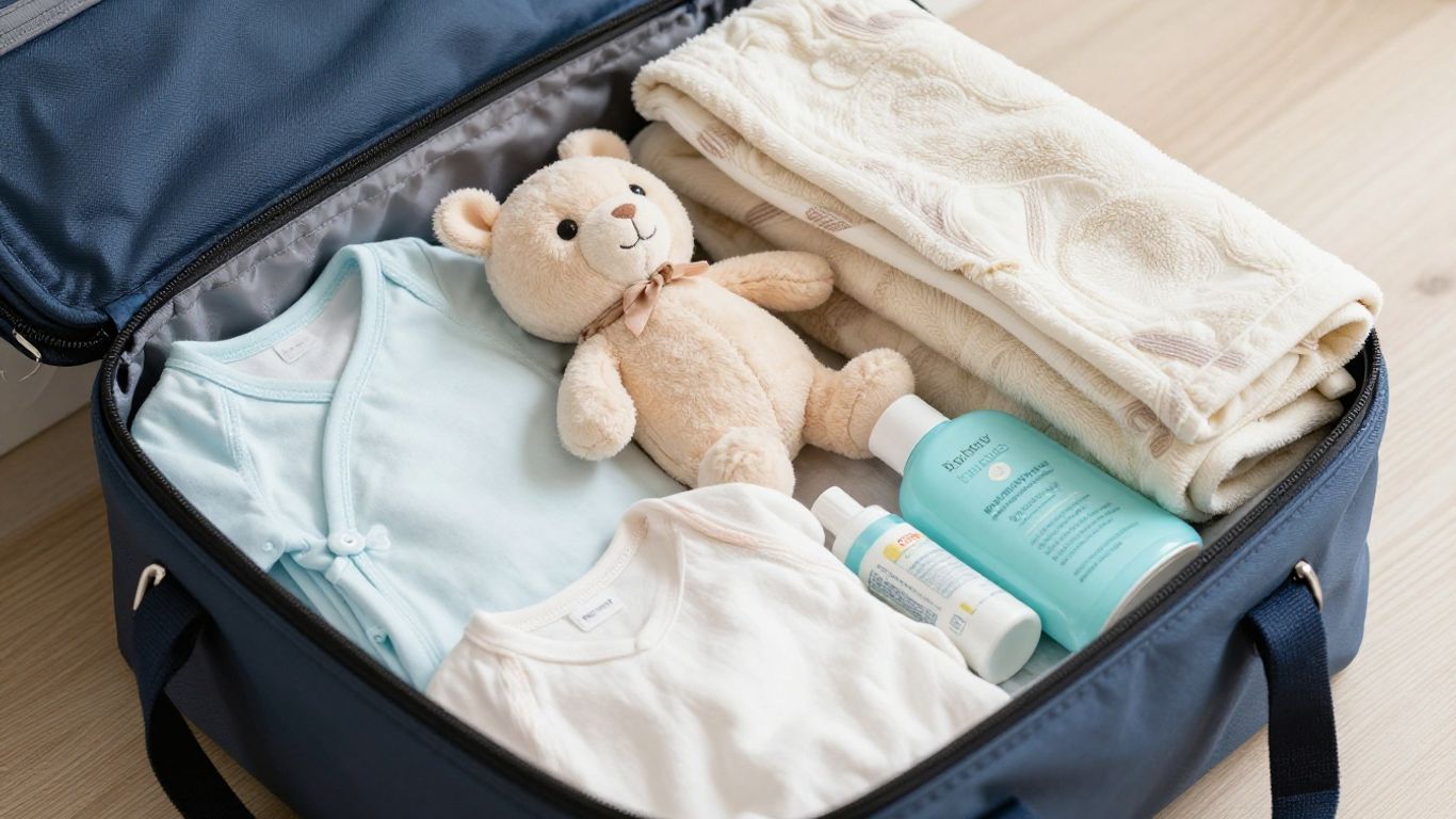 Hospital bag with baby clothes and parent essentials.