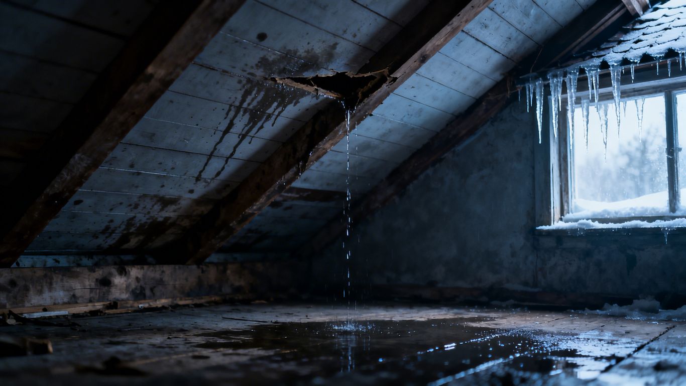 Water damage in attic from ice dams and snow melt.