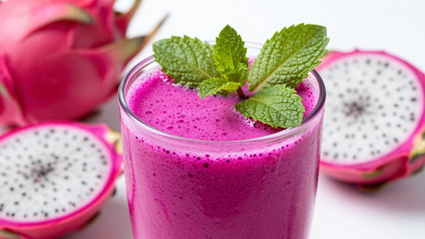 Vibrant pink dragon fruit juice in a glass with garnish.