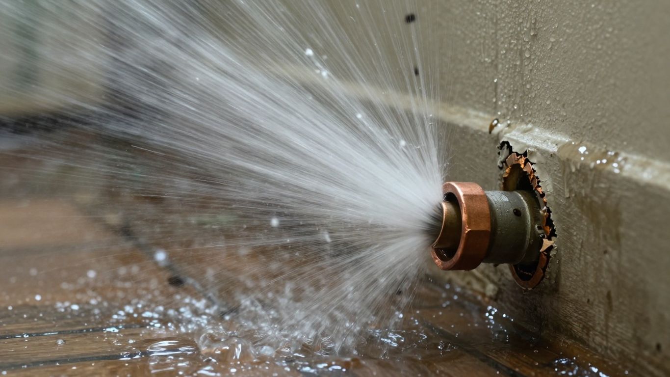 Burst water pipe spraying water in a Dacula home.