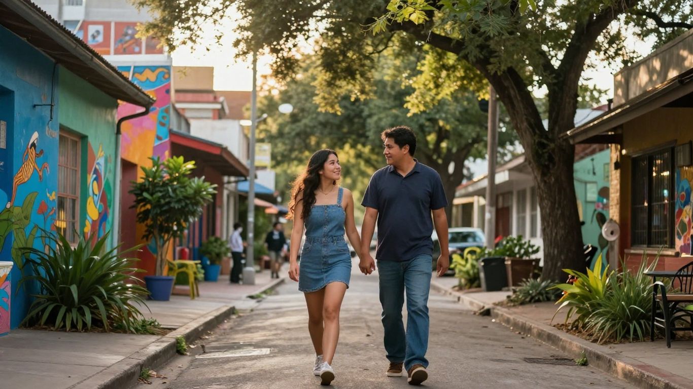 Couple walking down a colorful Austin street