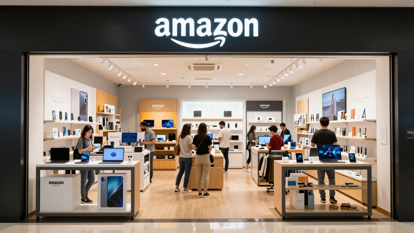 Modern Amazon storefront with shoppers and inviting displays
