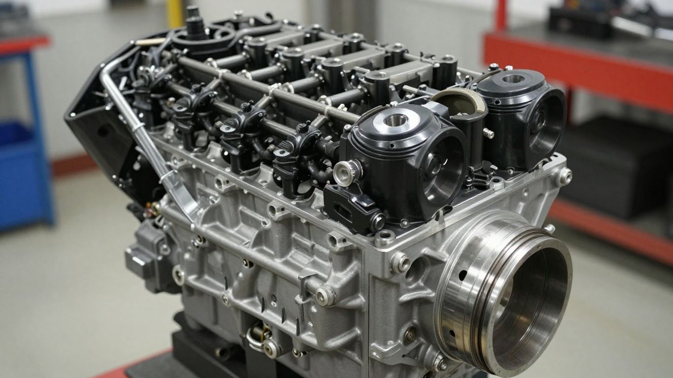 Reconditioned Mitsubishi engine in a workshop.