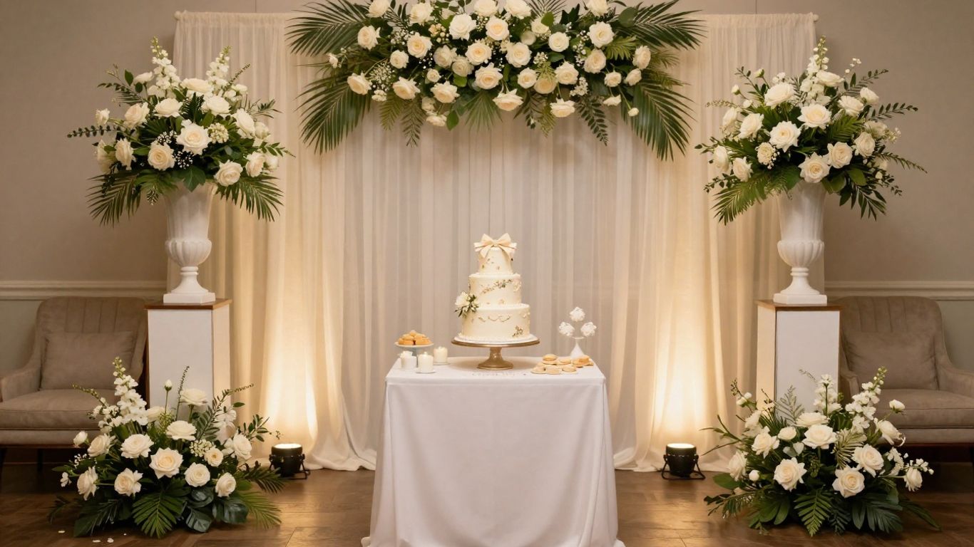 Elegant baby shower venue with floral decor and cake.