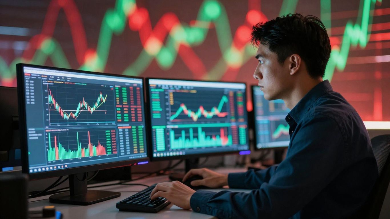 Trader focused on volatile market data on screens.
