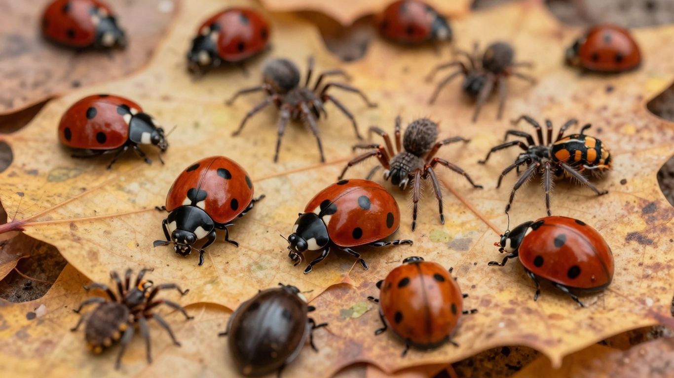 Common fall insects on autumn leaves.