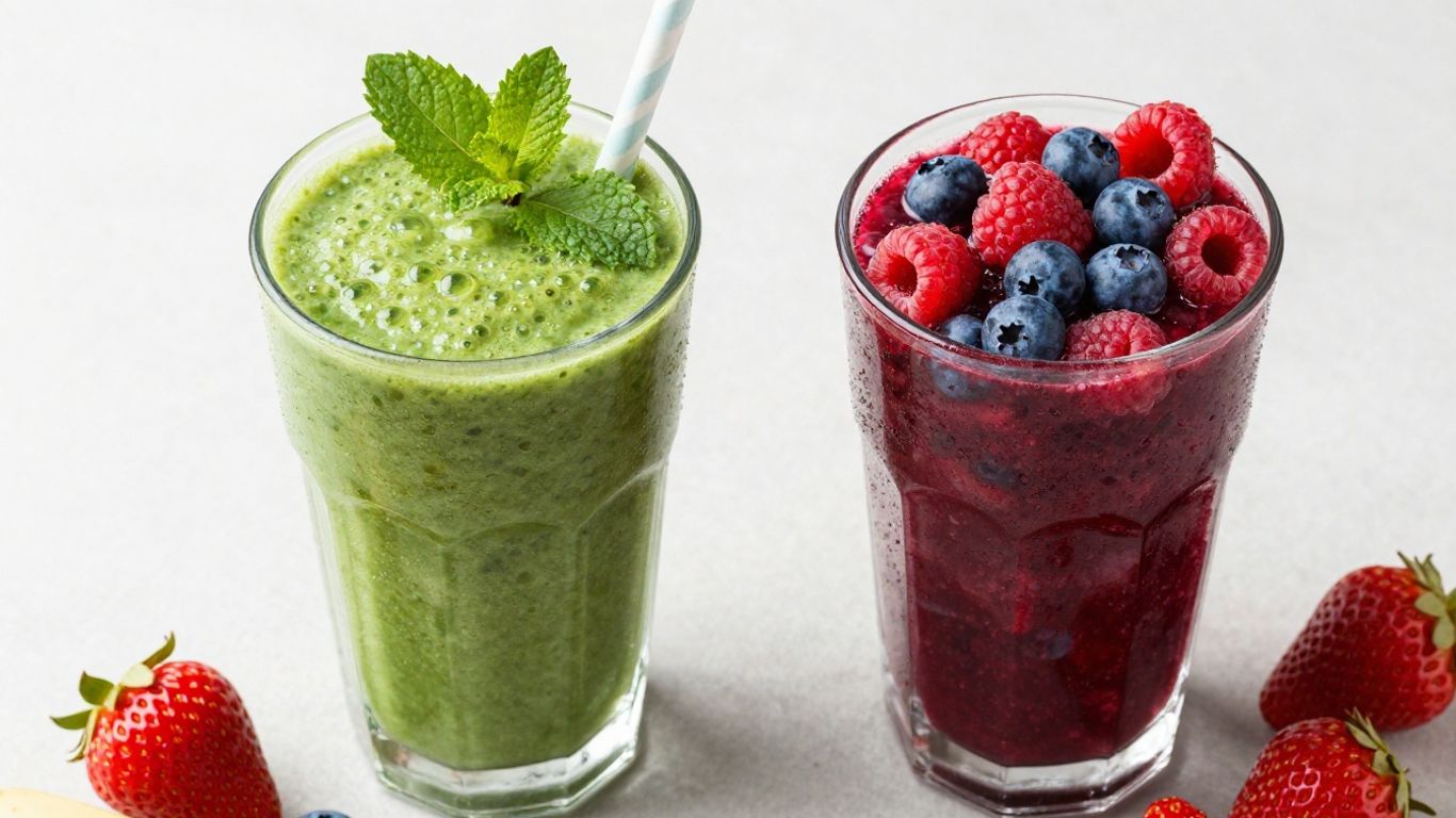Healthy breakfast smoothies with fresh fruits and garnishes.
