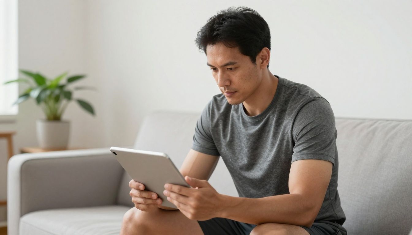 A focused man in his late 40s, looking healthy and energetic, reviews his fitness progress on a tablet in a bright, modern home gym.