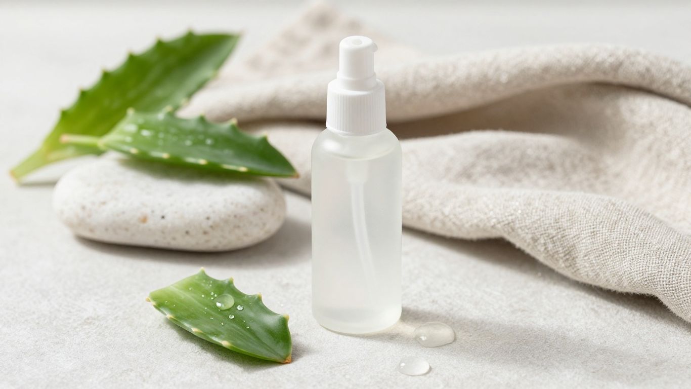 Glass bottle of water-based lubricant beside aloe leaves