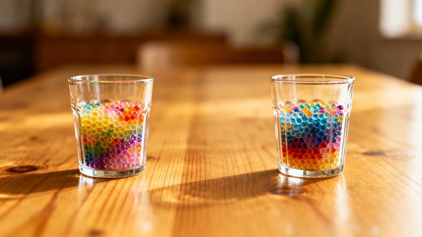 Clear glass containers filled with desiccant