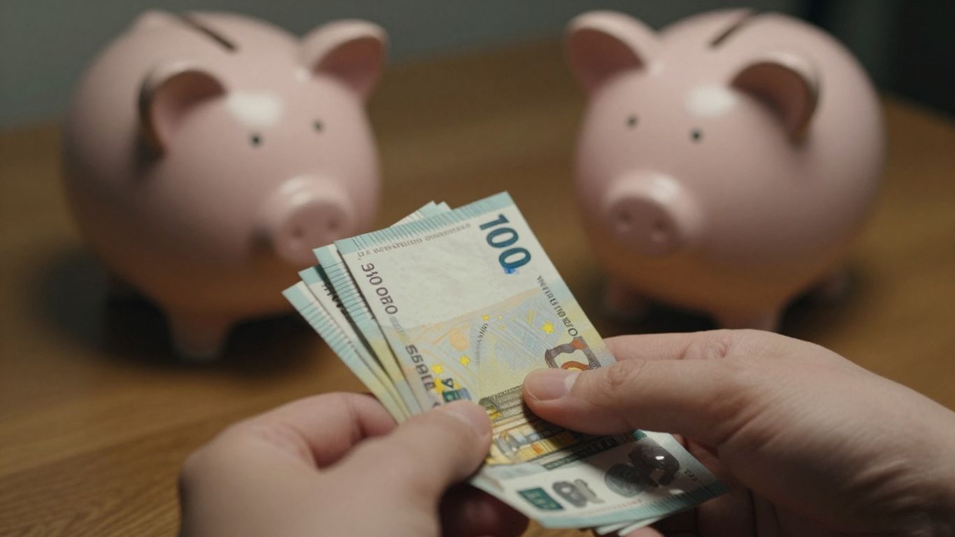 Main d'une personne tenant des billets d'euros près d'une tirelire.