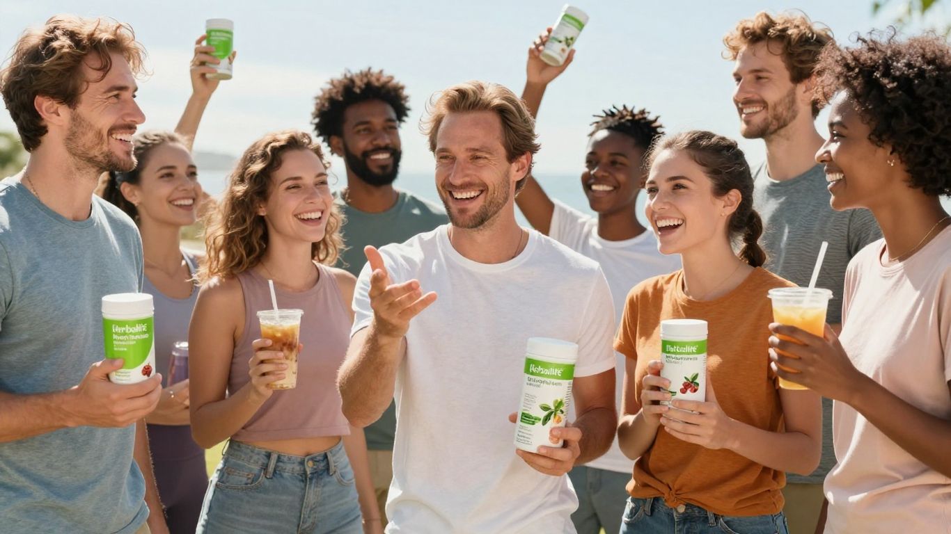People smiling with Herbalife products, healthy lifestyle