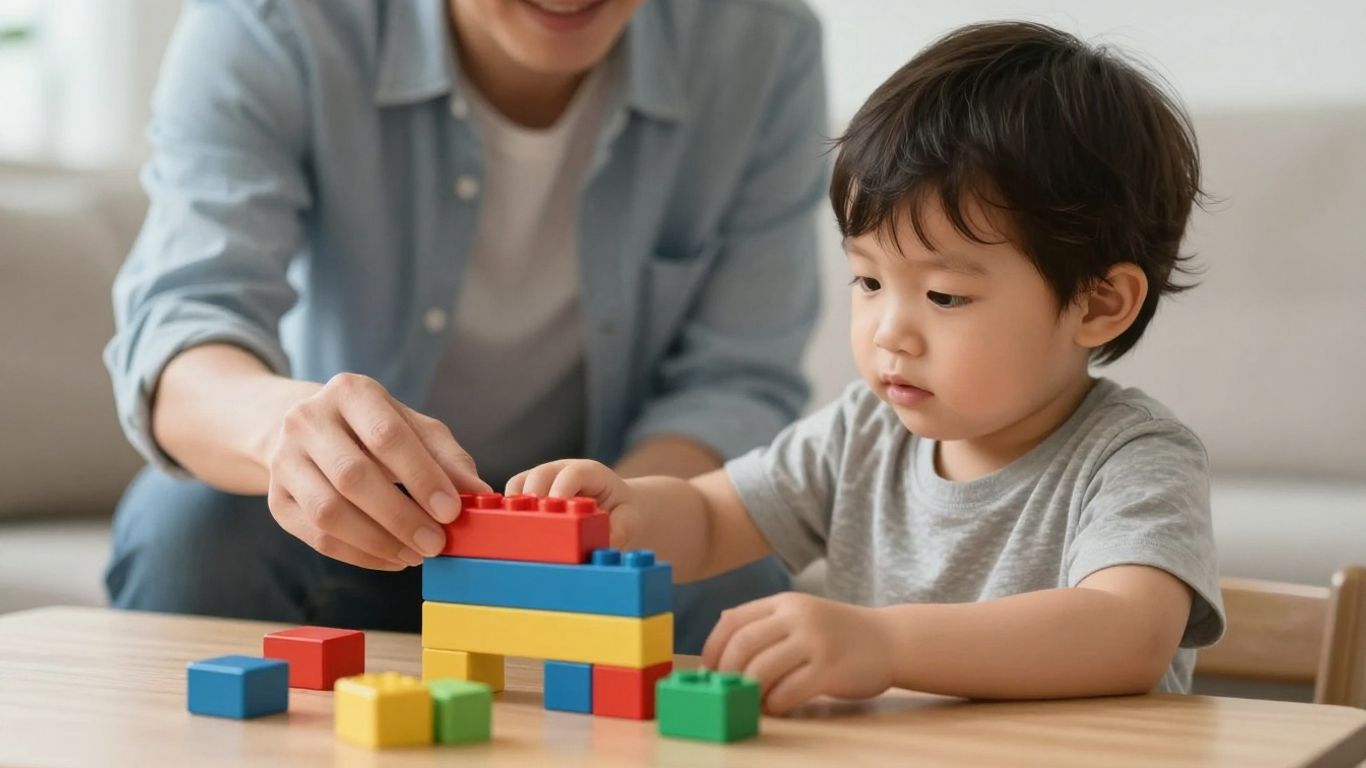 Parent and child building blocks, nurturing growth and independence.