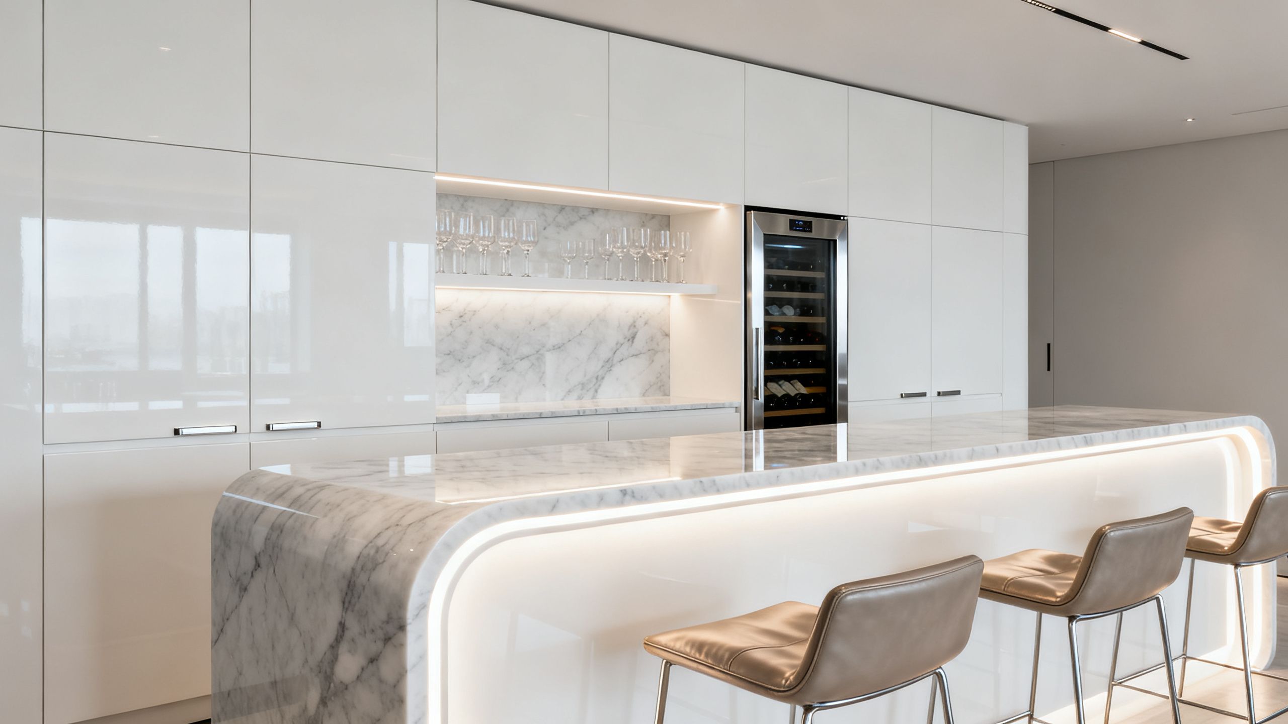 A European Modern wet bar featuring sleek, handle-less white cabinetry, a waterfall quartz countertop, and integrated under-cabinet LED lighting.