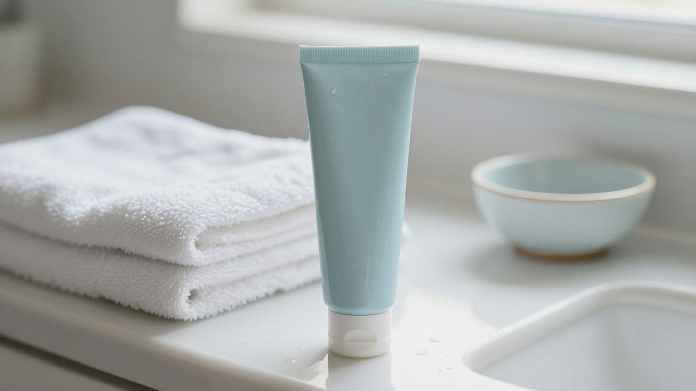 A calm bathroom skincare arrangement