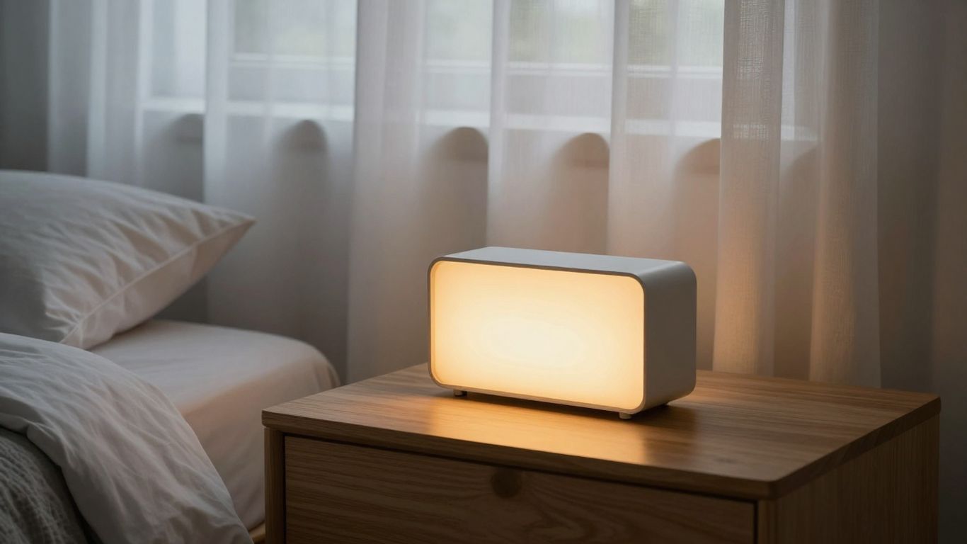 Lichtwecker auf hellem Nachttisch am Morgen