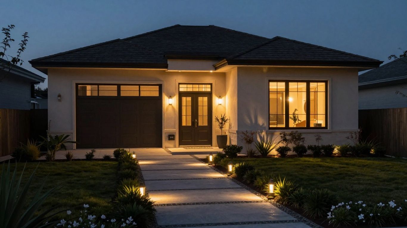 Home exterior illuminated by stylish outdoor lighting at dusk.