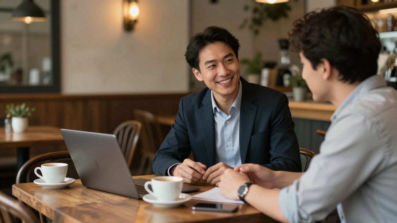 Person consulting with a client at a rustic cafe