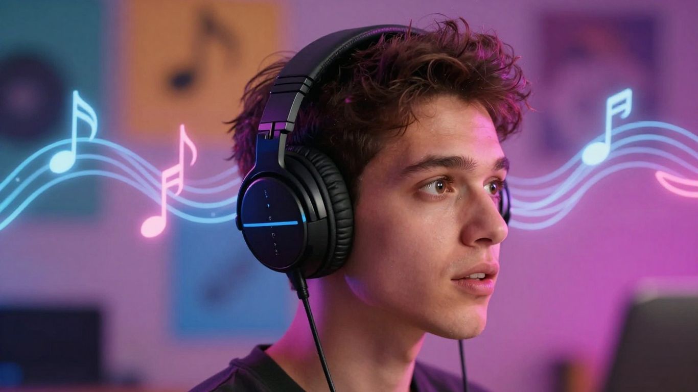 Person creating music with AI, headphones on.