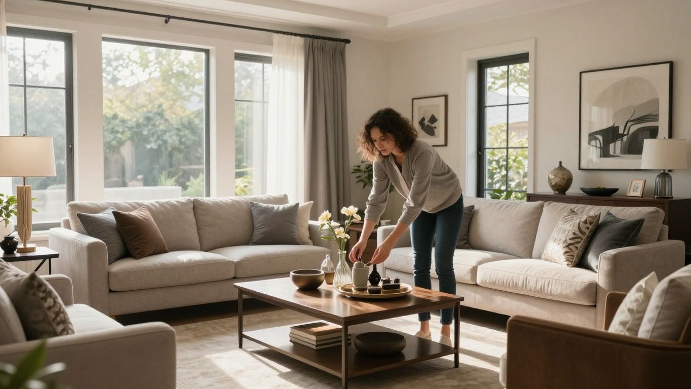 Staged living room with sunlight and decorative items.