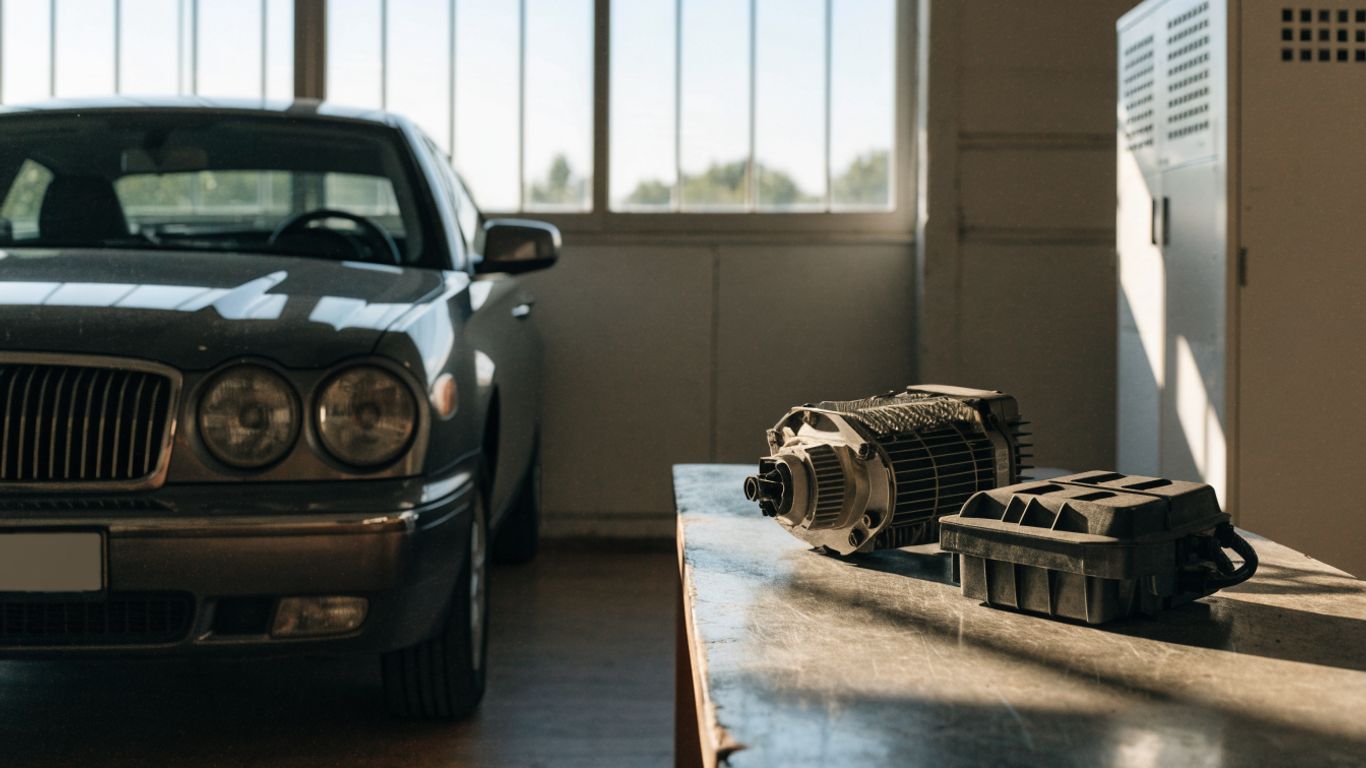 Two Chrysler replacement parts beside a vehicle