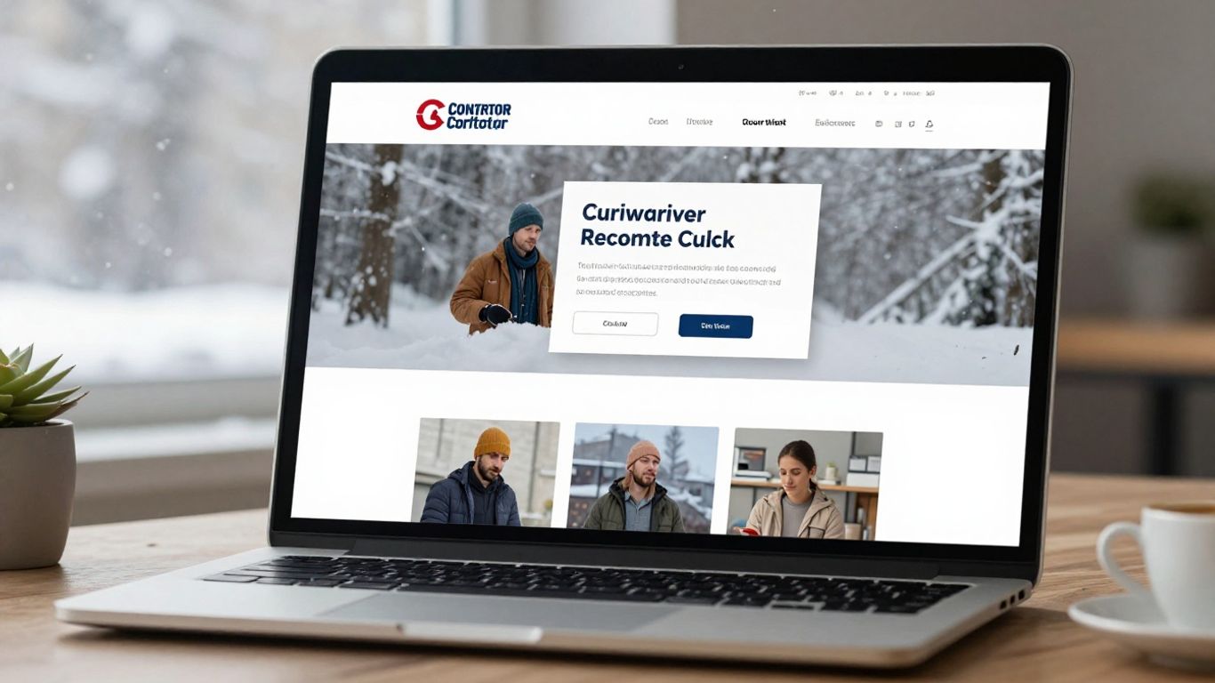 Contractor website on laptop with snowy background.