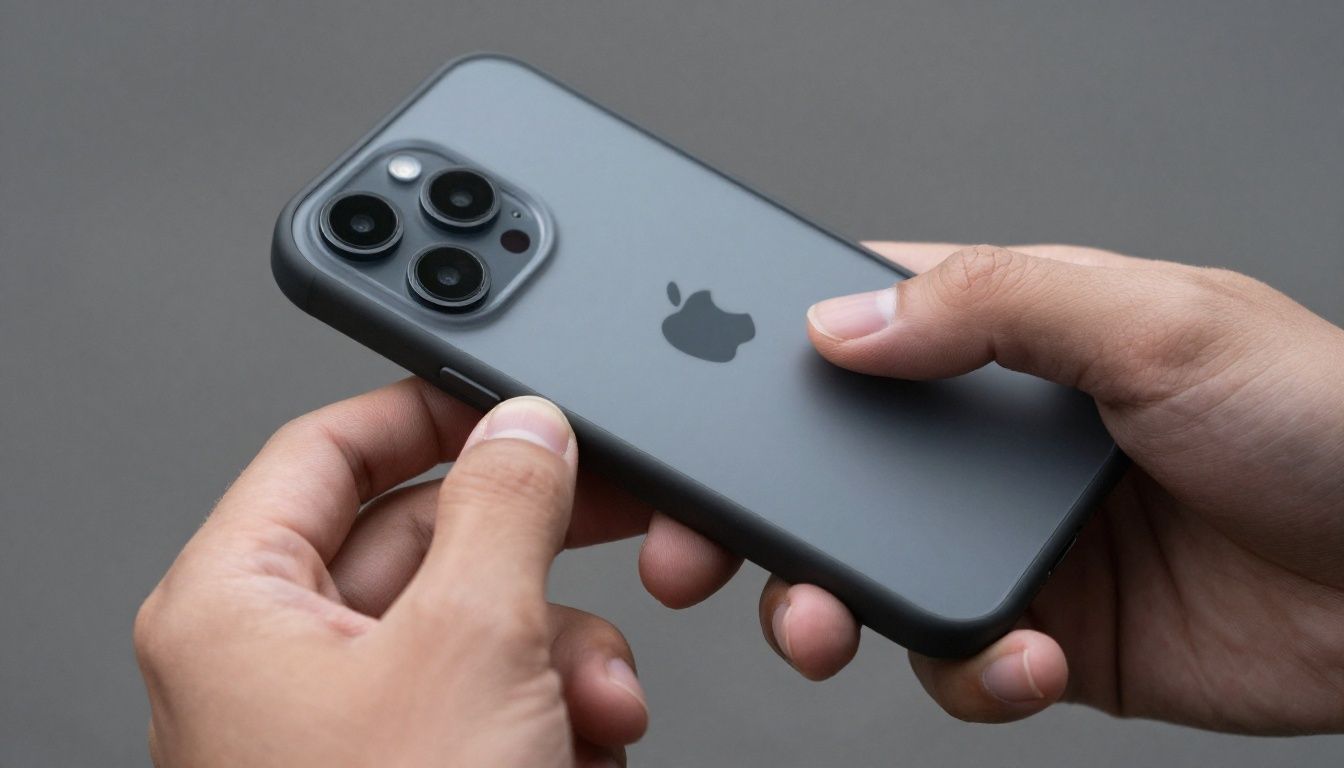A close-up of someone's hands holding an iPhone 15 Pro in a sturdy case, checking the alignment of the charging port cutout.