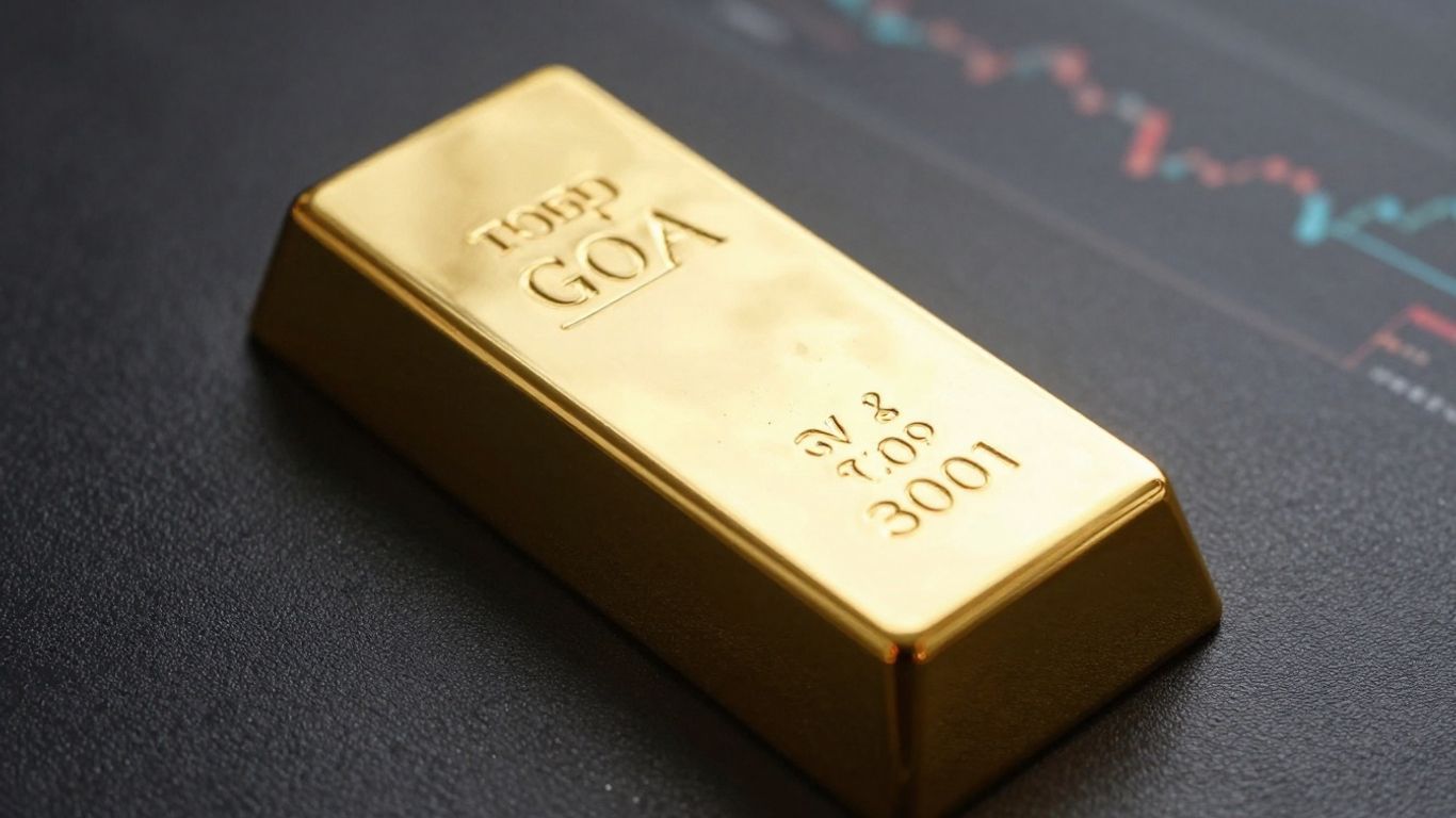 Gold bar on dark surface, financial market background.