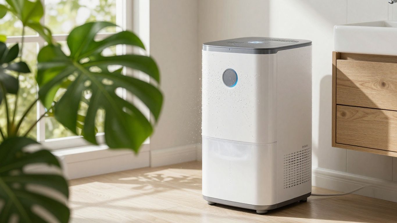 Dehumidifier collecting water in a clean, sunlit bathroom.