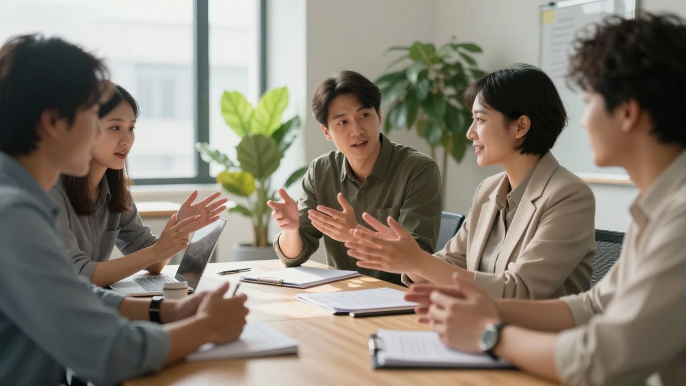 A diverse professional interacting with colleagues in an office setting