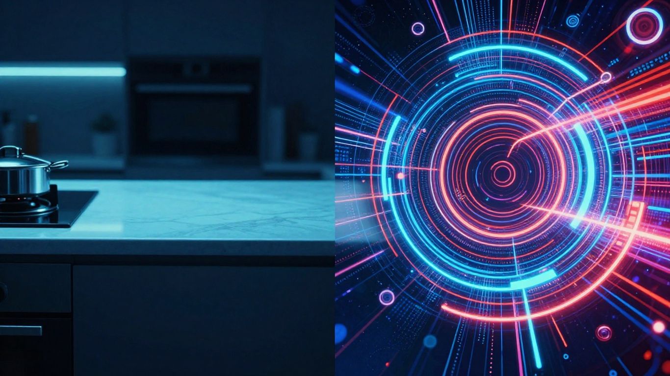 Kitchen countertop next to abstract digital ad graphic.