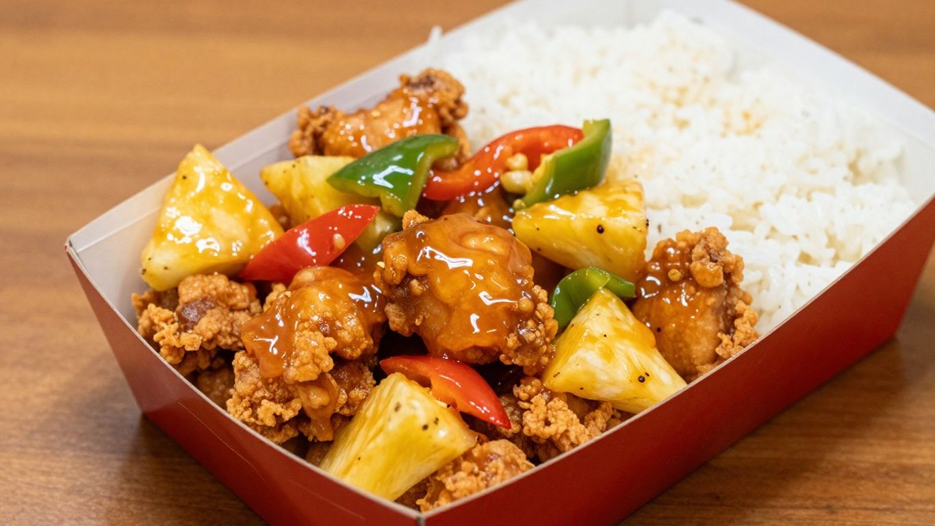 Sweet and sour chicken in a takeout container