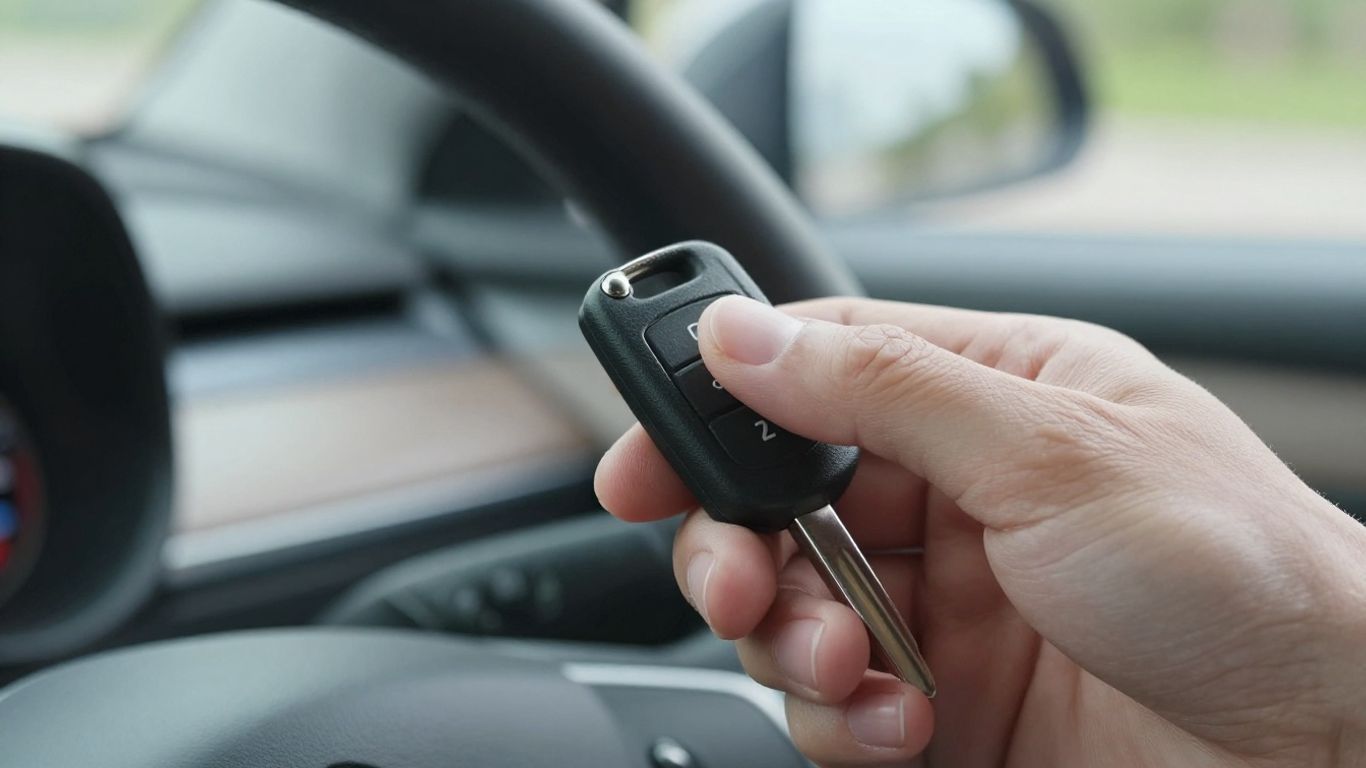 Hand holding car key with car interior background.