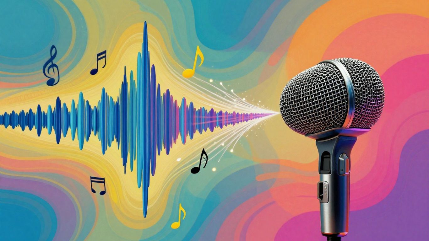Sound waves turning into music notes and a microphone.