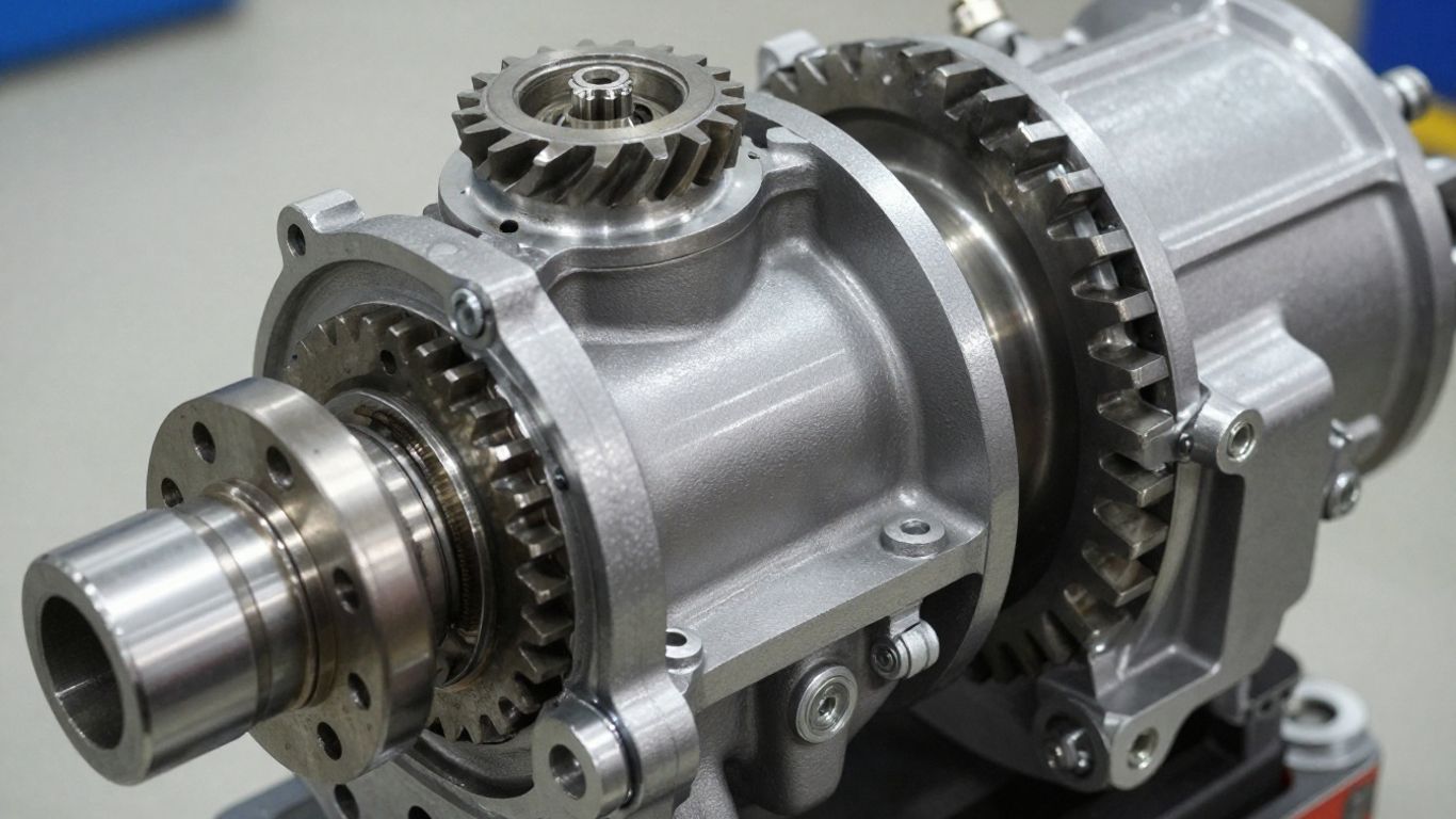 Clean, reconditioned manual gearbox with visible gears.