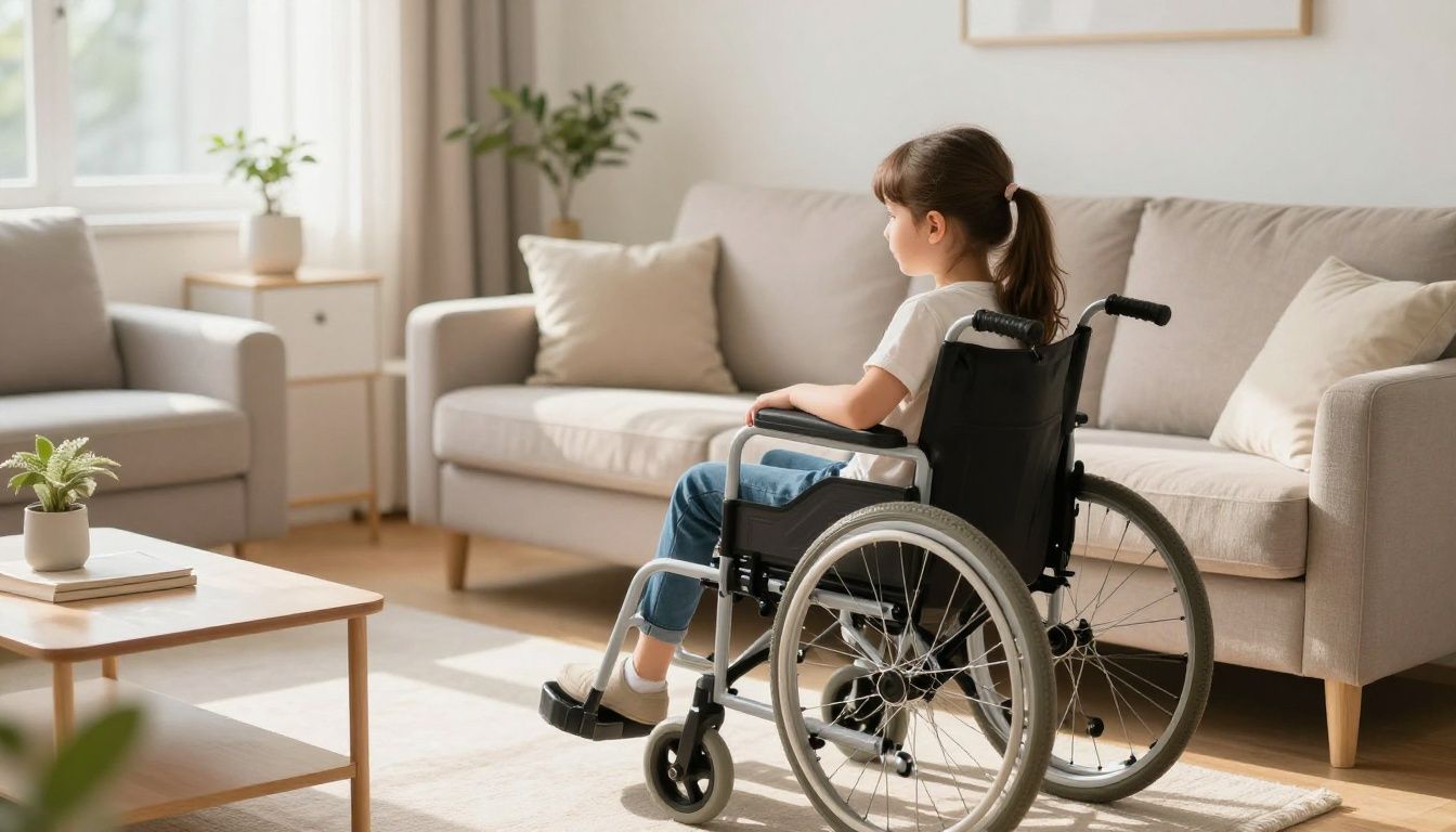 A warm, sunlit living room where a child's wheelchair sits near the family sofa, symbolizing the integration of medical care into a loving home environment.