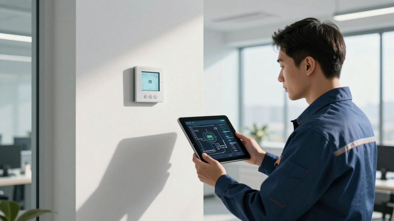 HVAC technician with tablet, modern office, efficiency.