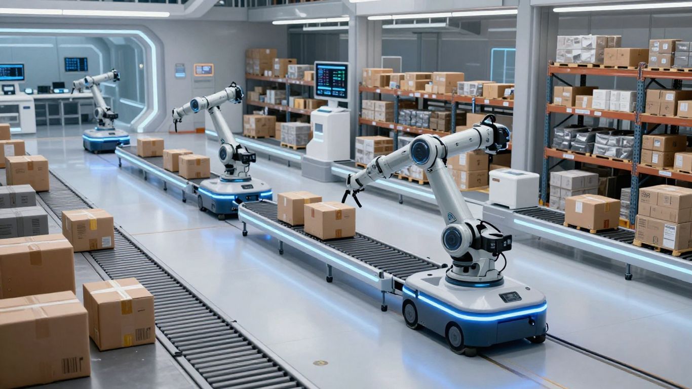 AI-powered warehouse with robots and automated systems.