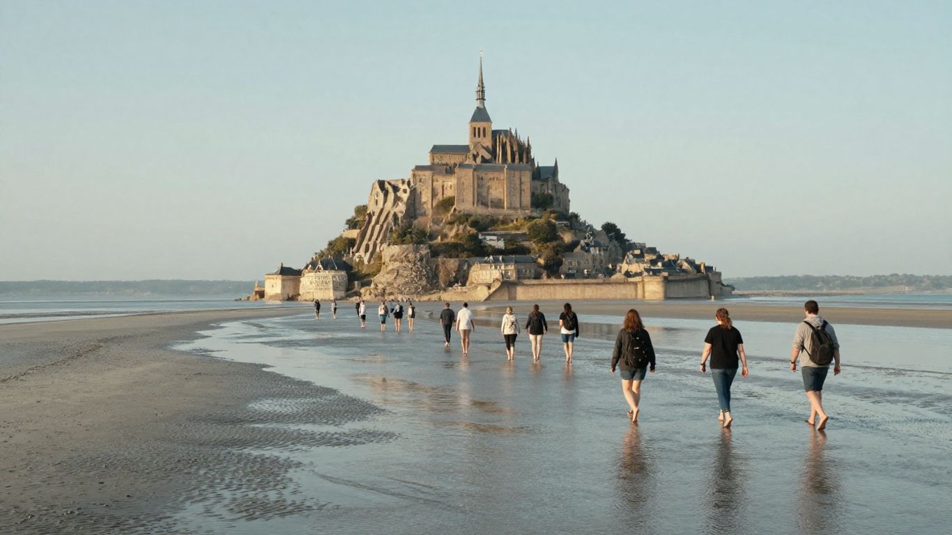 Walkers crossing tidal sands toward Mont Saint-Michel