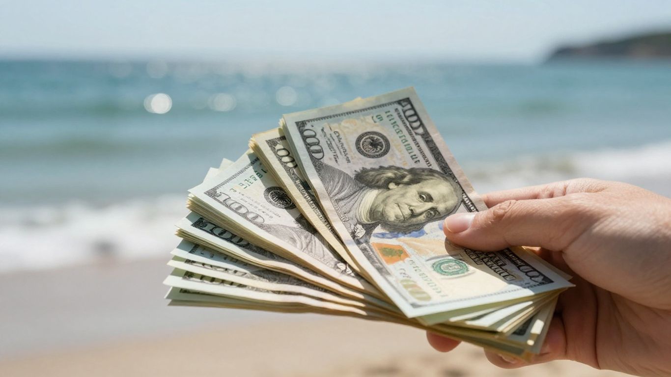 Hand holding money with ocean background.